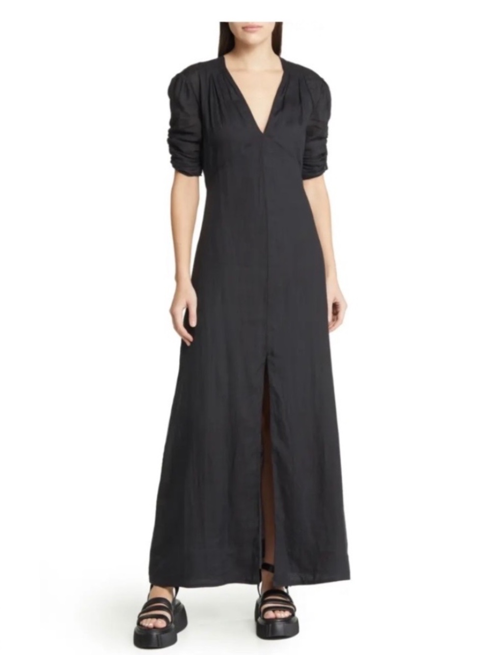 Frame Shirred Ramie Maxi Dress, Size XL